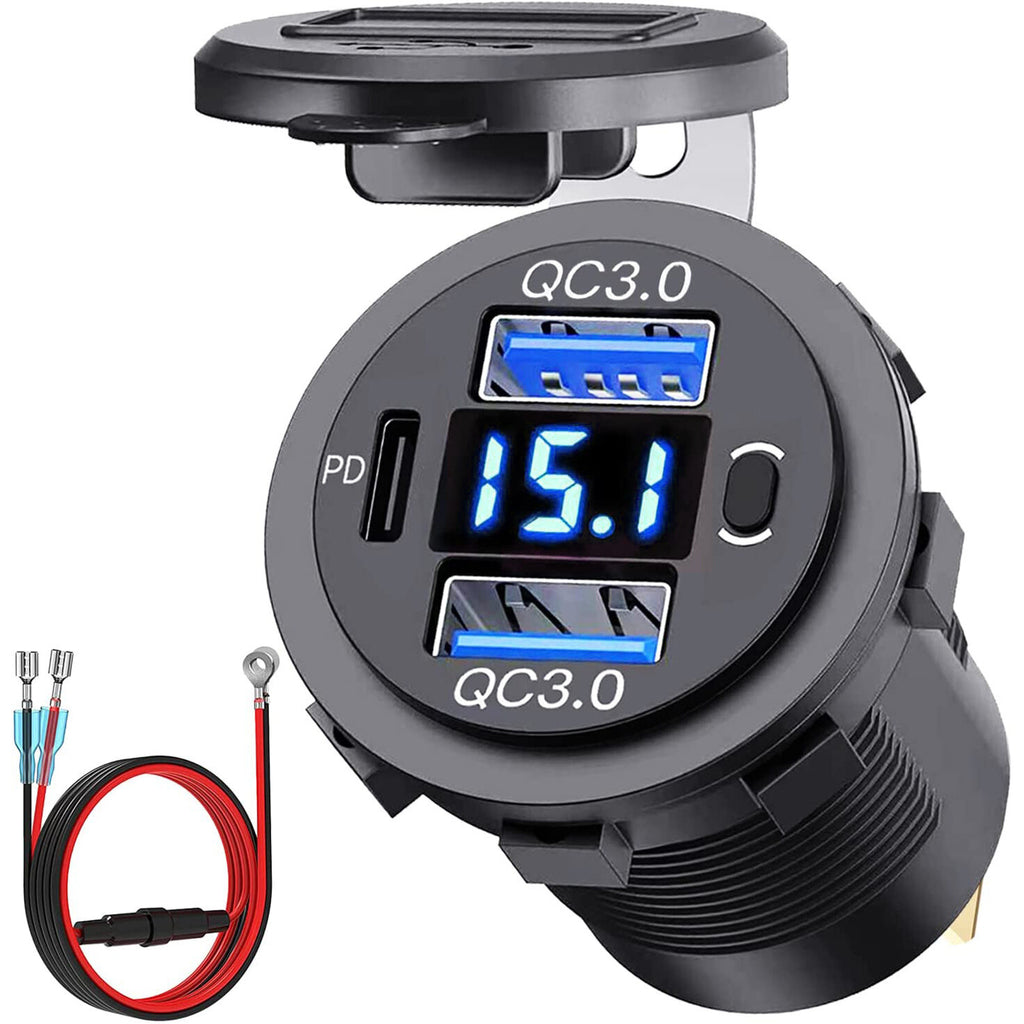 12V-24V PD + QC3.0 Dual USB Car Fast Charger Power Socket Outlet LED Voltmeter