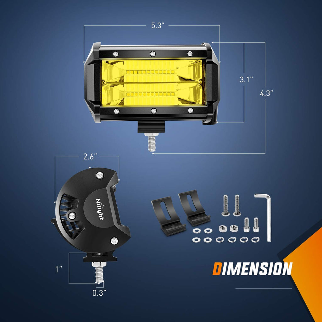 Nilight - Zh304 Led Light Bar 2Pcs 5Inch 72W 10800Lumens Yellow Flood
