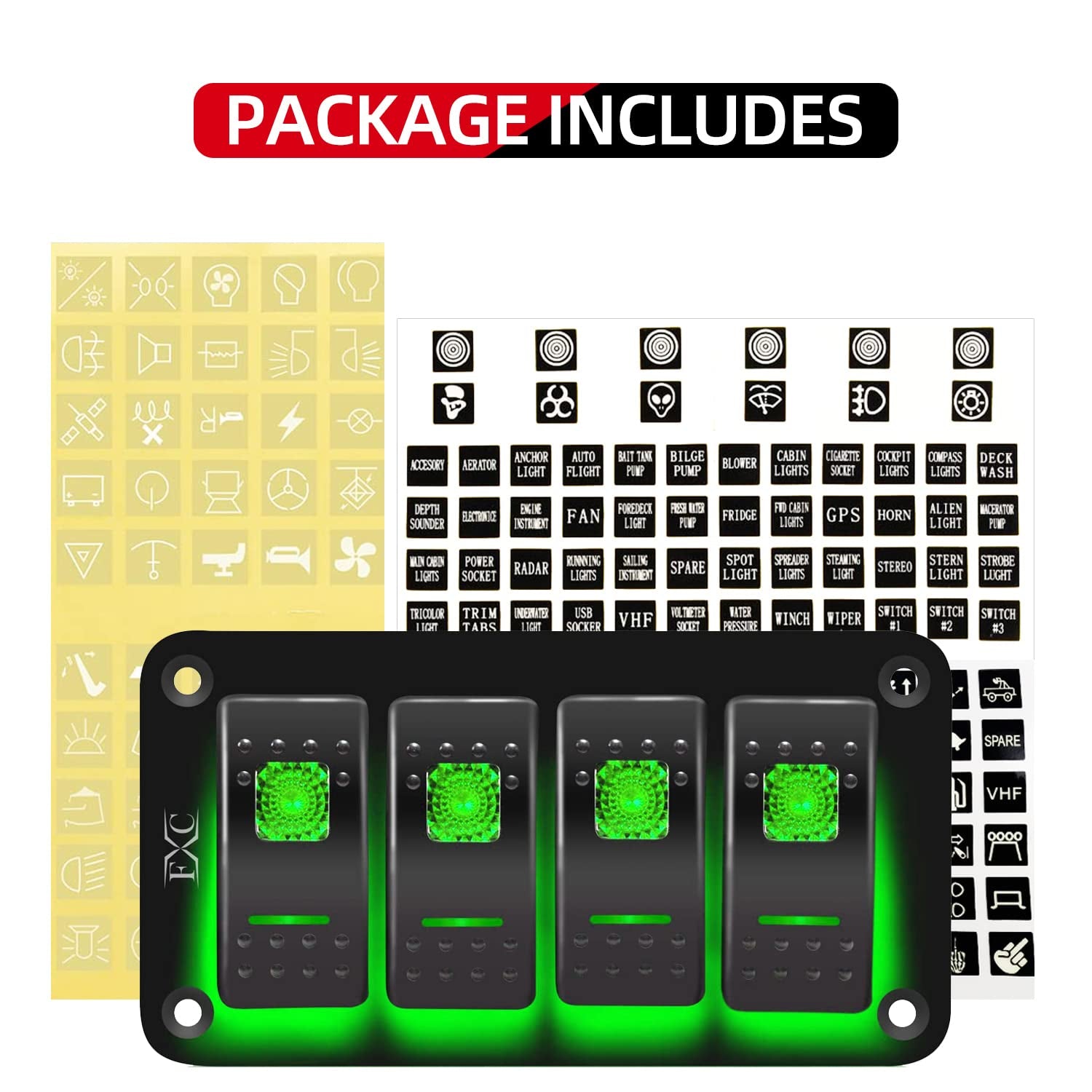 Rocker Switch Aluminum Panel 4 Gang Toggle Switches Dash 5 Pin On/Off 2 LED Backlit Green
