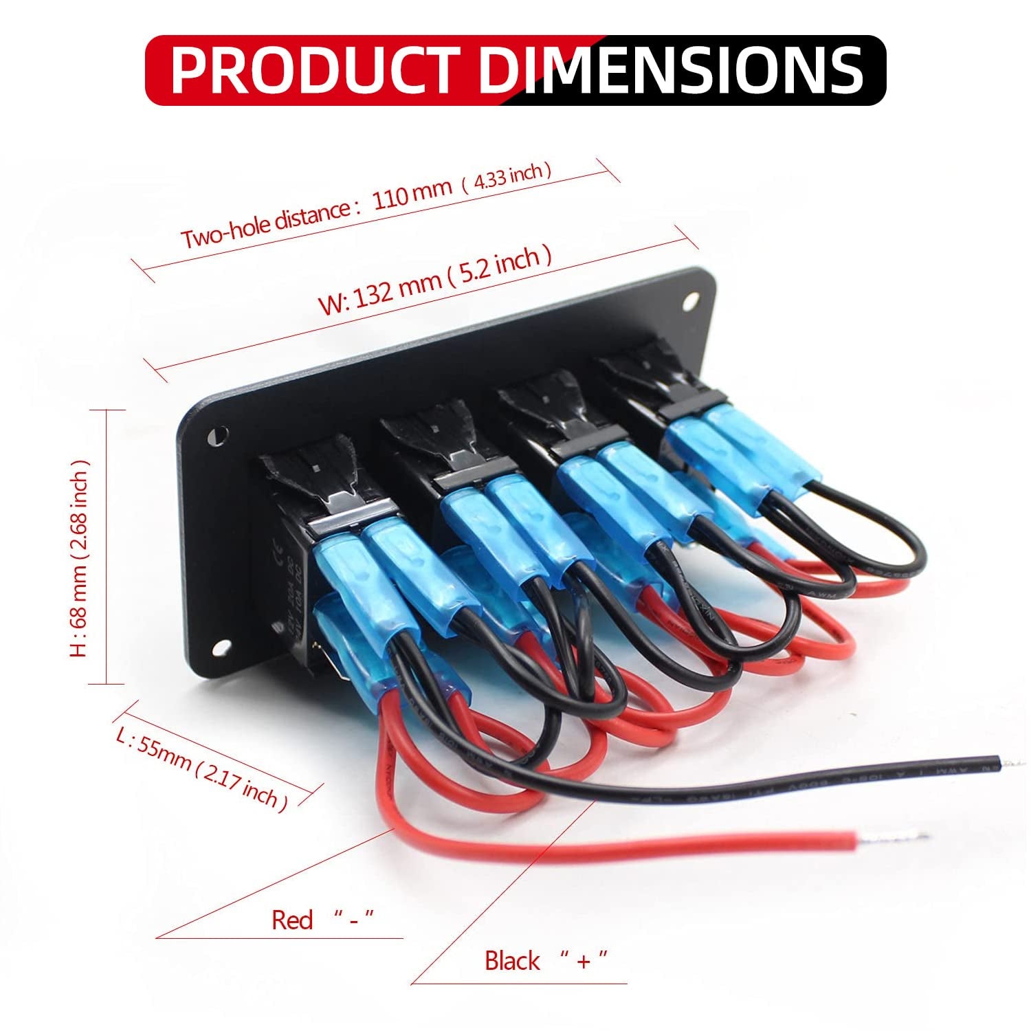 Rocker Switch Aluminum Panel 4 Gang Toggle Switches Dash 5 Pin On/Off 2 LED Backlit Green