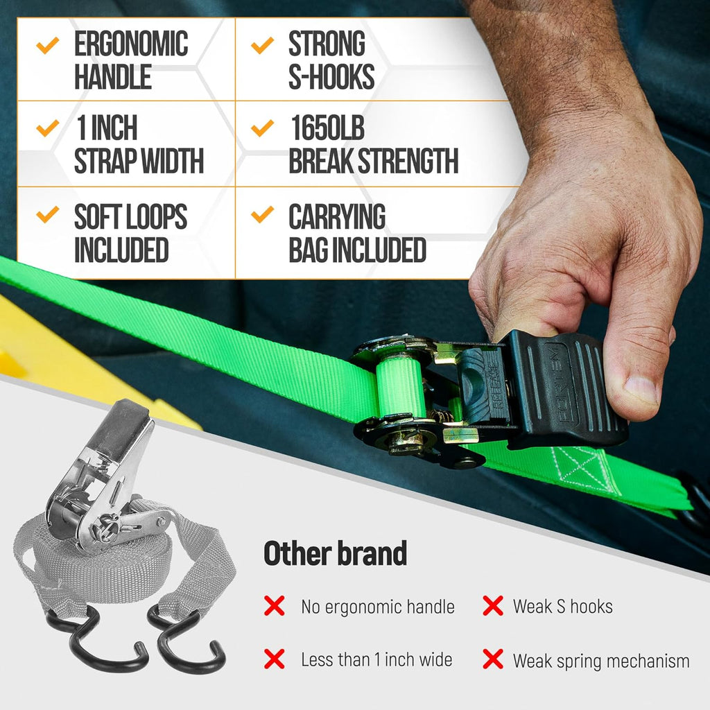 Tie down Strap Set 1650Lb Break Strength, 4 Pack 15Ft X 1In