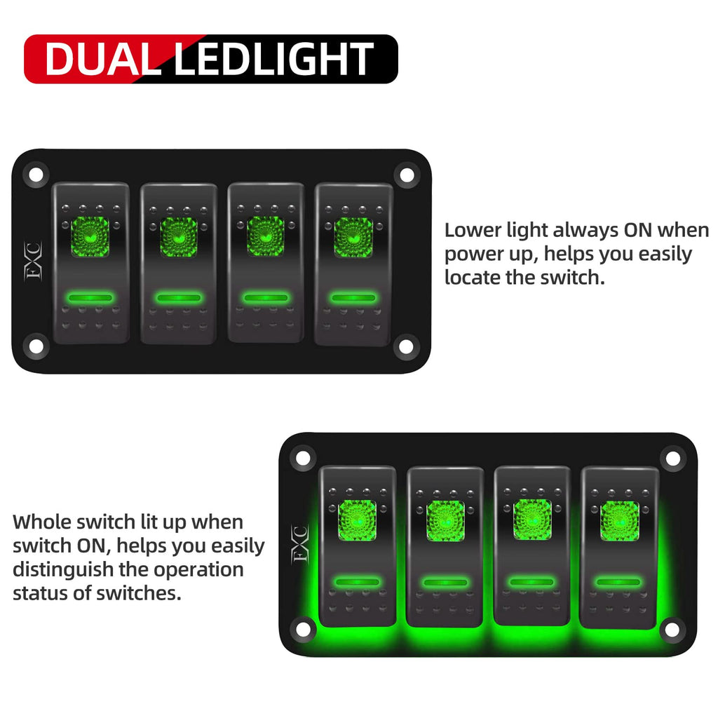 Rocker Switch Aluminum Panel 4 Gang Toggle Switches Dash 5 Pin On/Off 2 LED Backlit Green