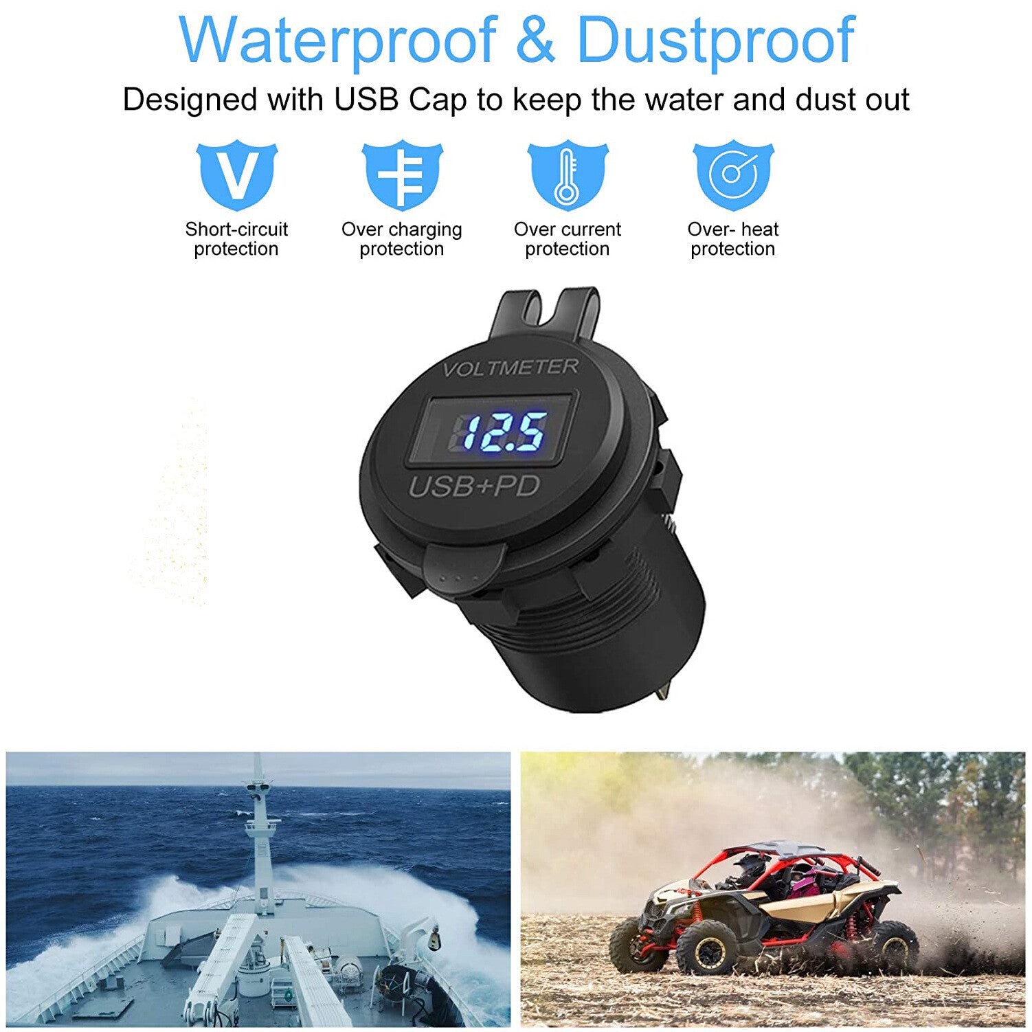 12V-24V PD + QC3.0 Dual USB Car Fast Charger Power Socket Outlet LED Voltmeter