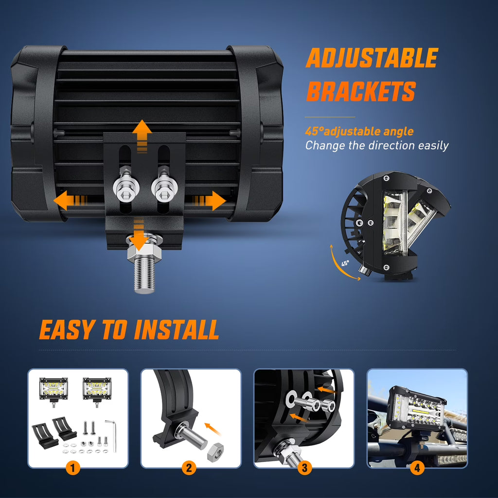 Side Shooter LED Light Bar 2PCS 4.3Inch Triple Row Spot Flood Combo Lights Led Work Light with Wiring Harness Kit
