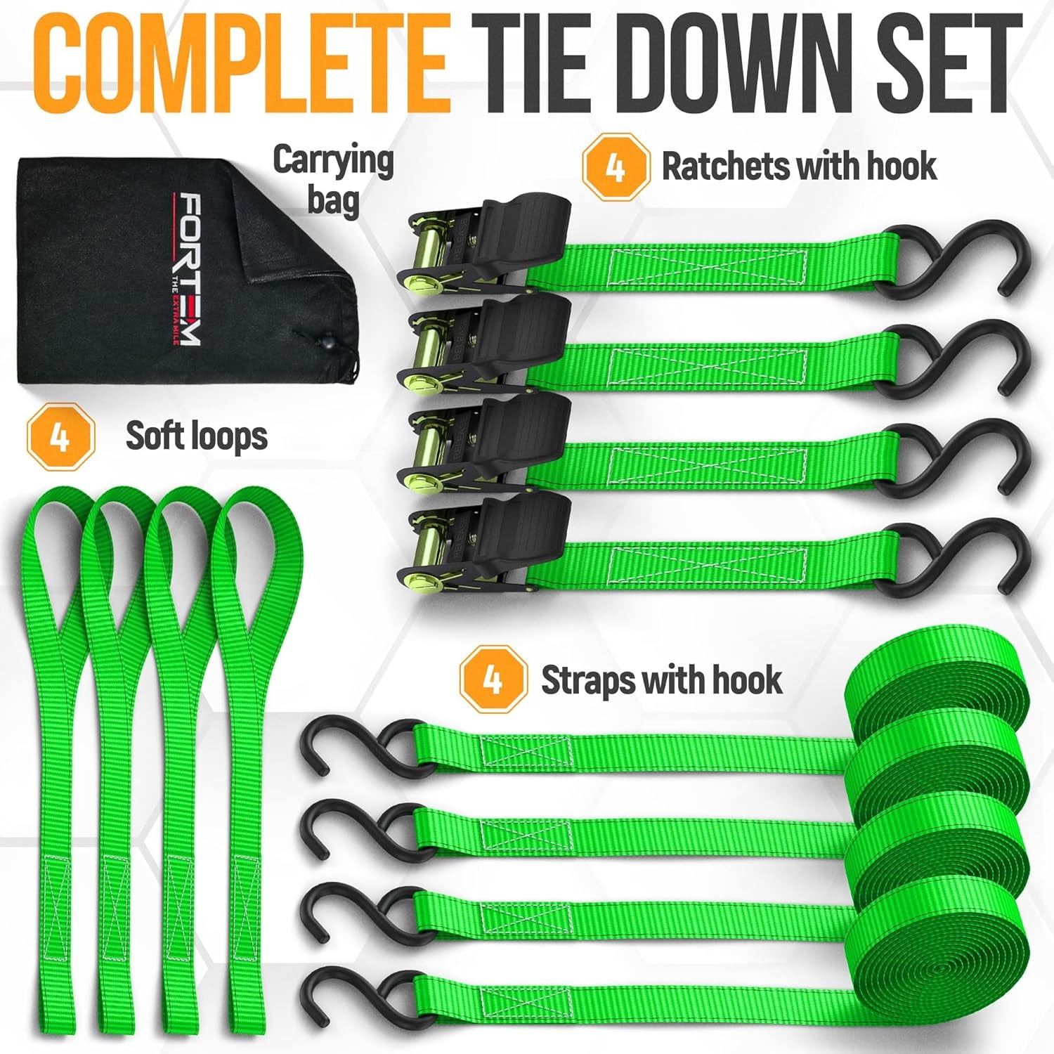 Tie down Strap Set 1650Lb Break Strength, 4 Pack 15Ft X 1In