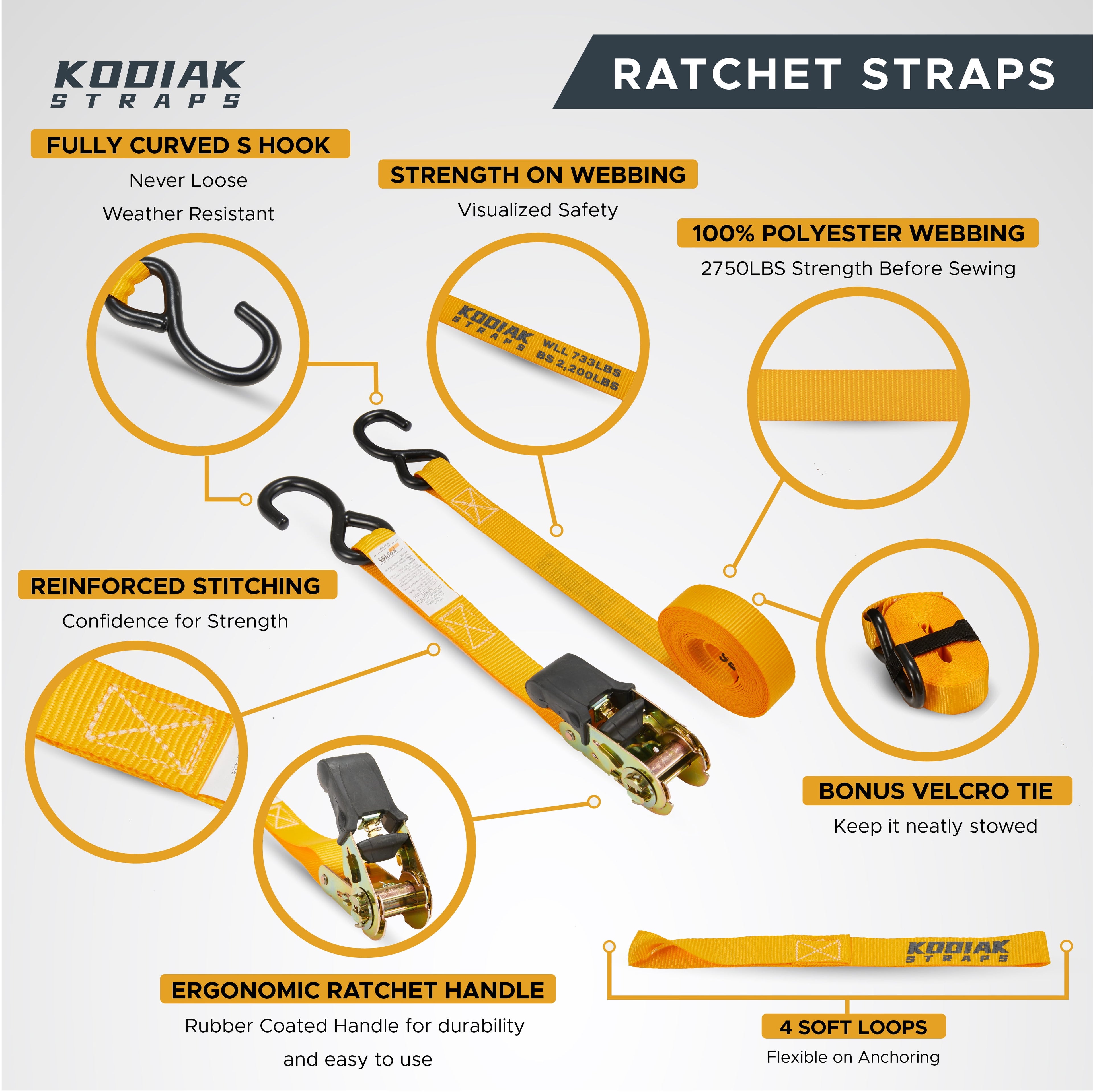 Heavy Duty Tie down Strap Set 2200 Break Strength – 1" X 17' 4Pk