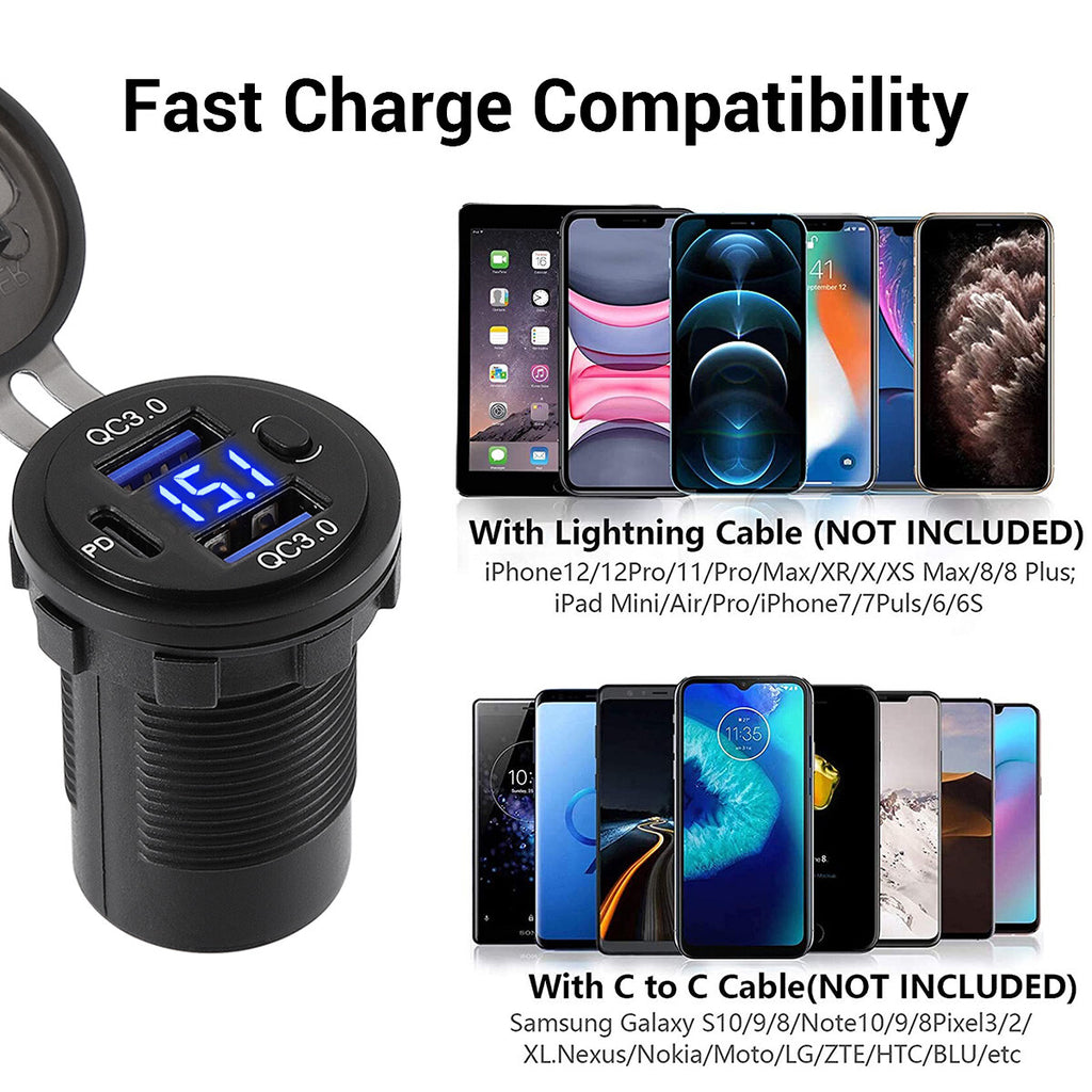 12V-24V PD + QC3.0 Dual USB Car Fast Charger Power Socket Outlet LED Voltmeter
