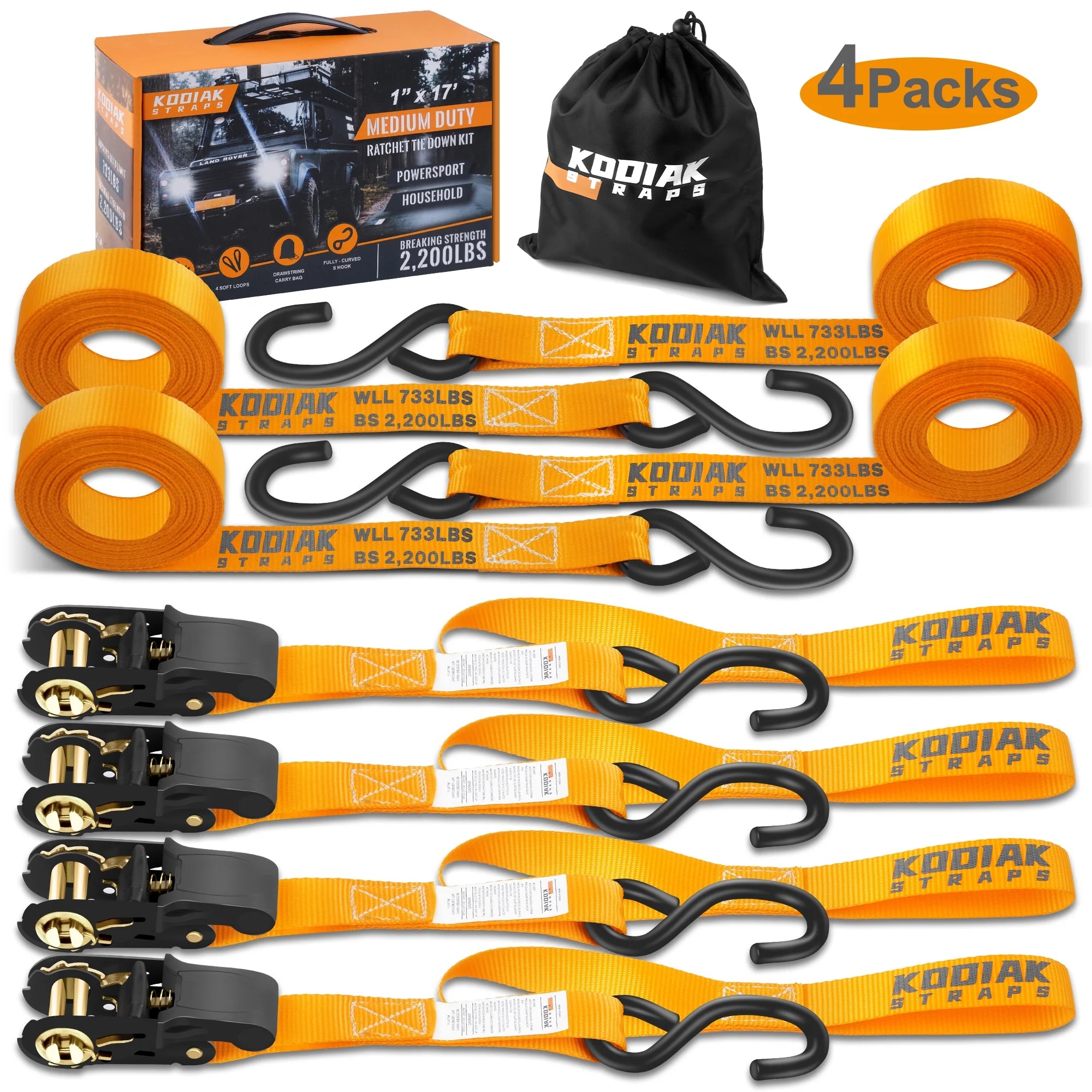 Heavy Duty Tie down Strap Set 2200 Break Strength – 1" X 17' 4Pk