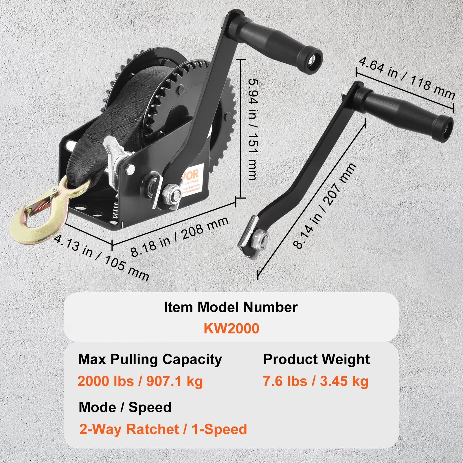 Hand Winch Heavy Duty Hand Crank 2000Lbs 23Ft Polyester Strap for Boat/Atv