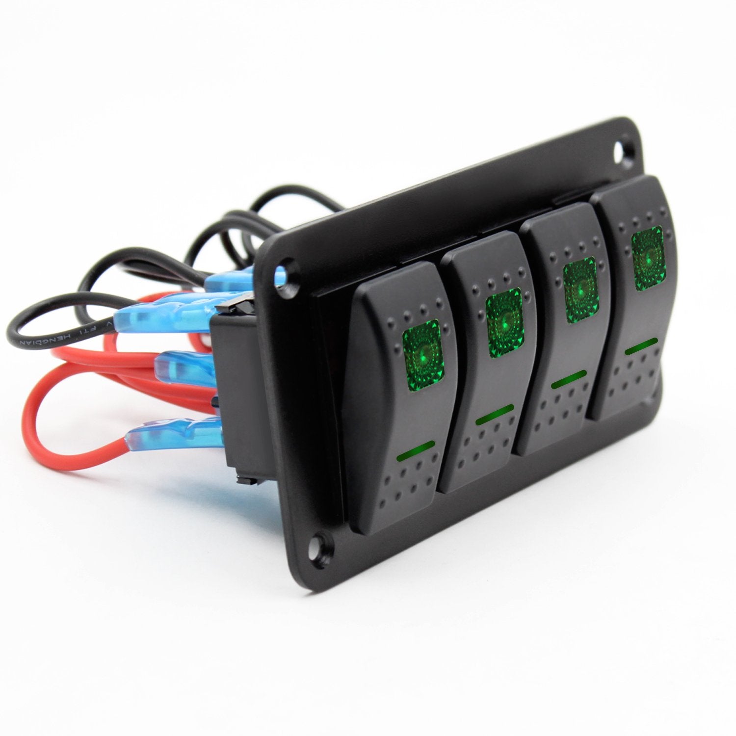 Rocker Switch Aluminum Panel 4 Gang Toggle Switches Dash 5 Pin On/Off 2 LED Backlit Green