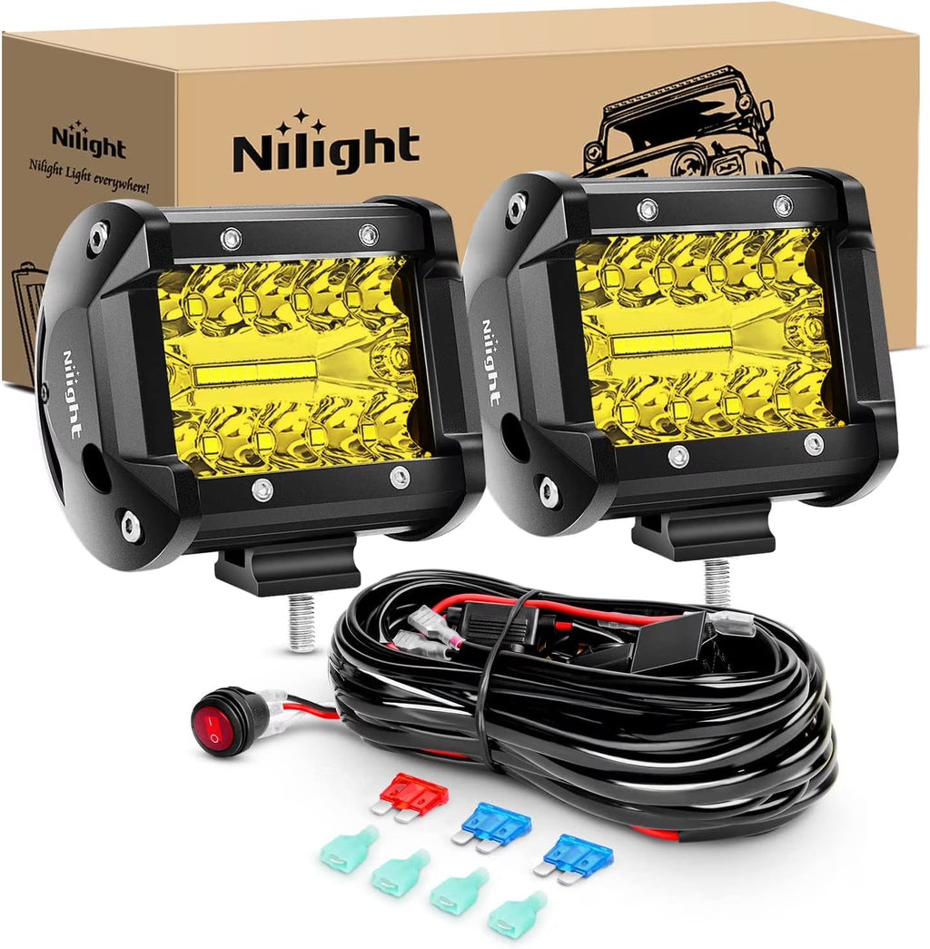 2Pcs 4Inch Yellow Led Pods Triple Row 60W Flood Spot Combo with harness