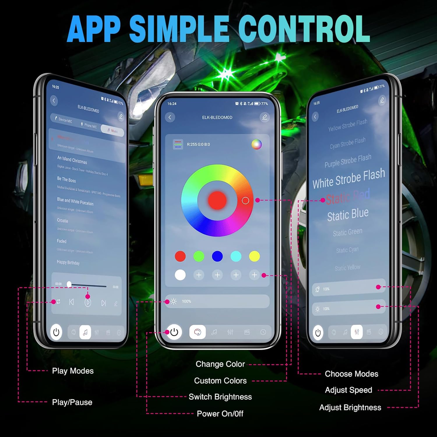 RGBW LED Rock Lights Kit, 4 Pods 22LED Wide Angle Remote & Bluetooth App 