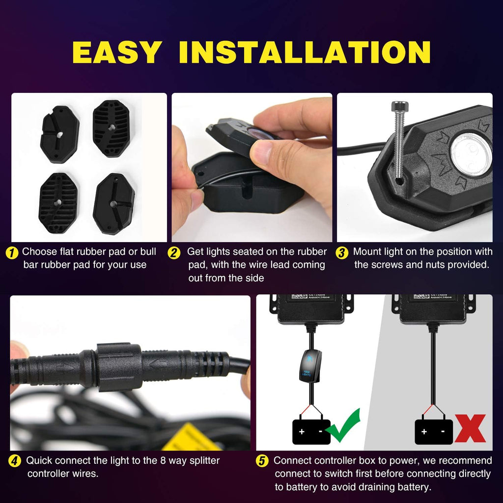 RGB LED Rock Lights Kit, 4 Pod Light with Bluetooth App