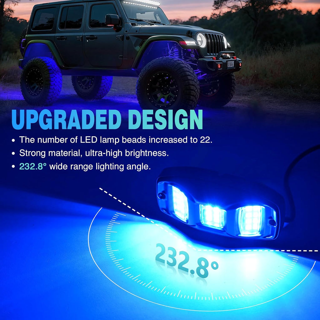 RGBW LED Rock Lights Kit, 4 Pods 22LED Wide Angle Remote & Bluetooth App 