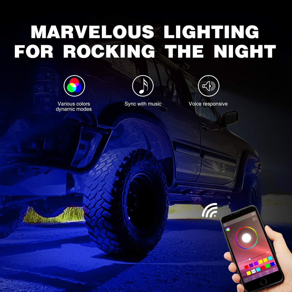 RGB LED Rock Lights Kit, 4 Pod Light with Bluetooth App