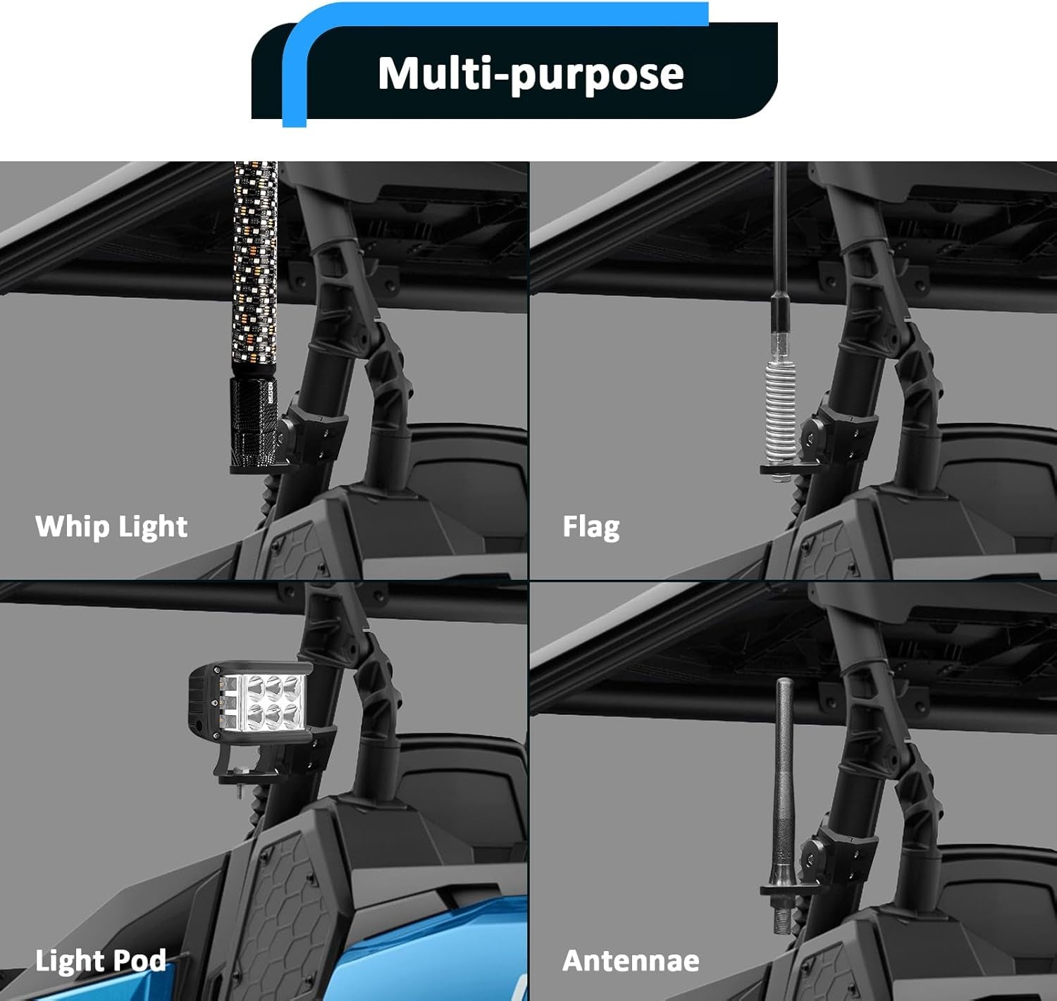 2 Pcs UTV Pro-Fit Roll Cage 360° Adjustable CNC Aluminum Whip Light Mount 