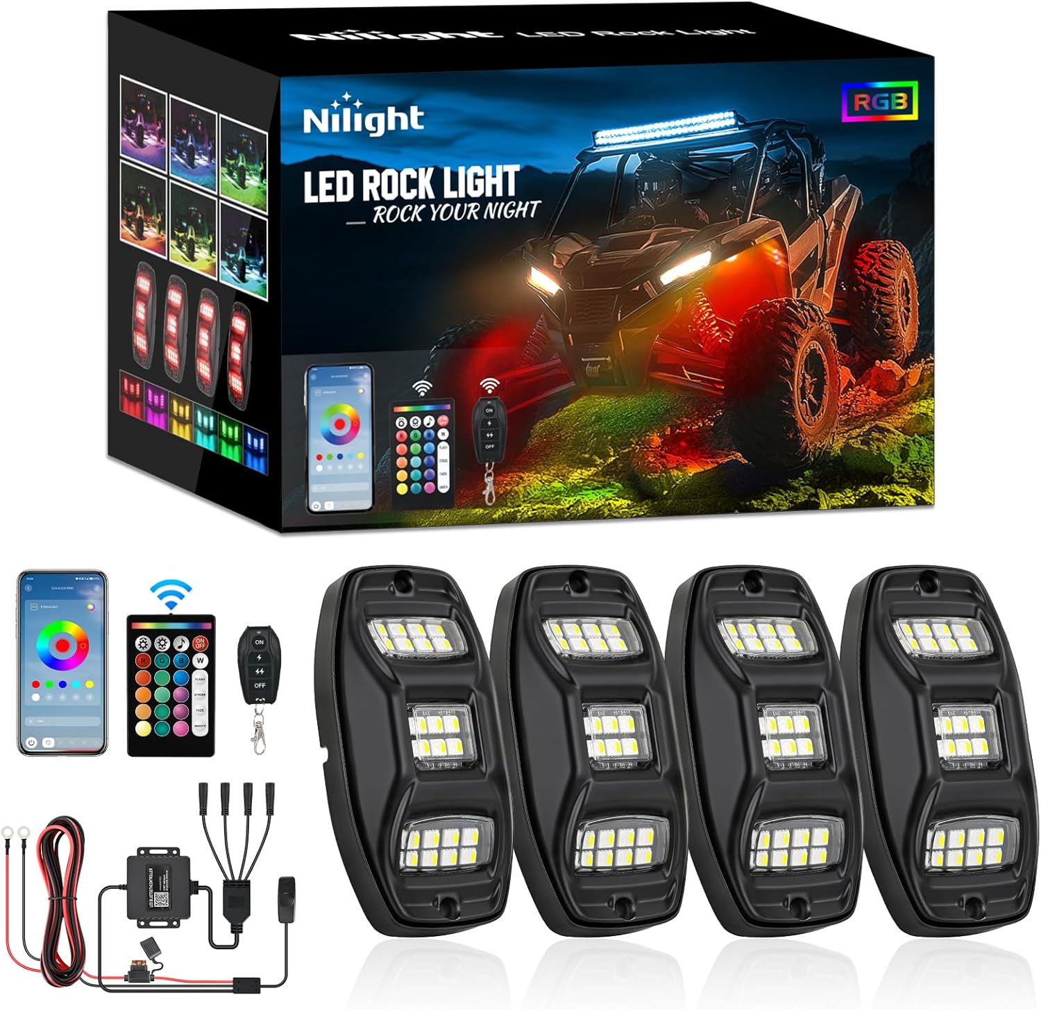RGBW LED Rock Lights Kit, 4 Pods 22LED Wide Angle Remote & Bluetooth App 