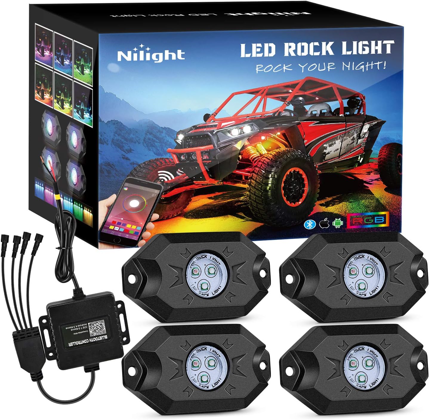RGB LED Rock Lights Kit, 4 Pod Light with Bluetooth App
