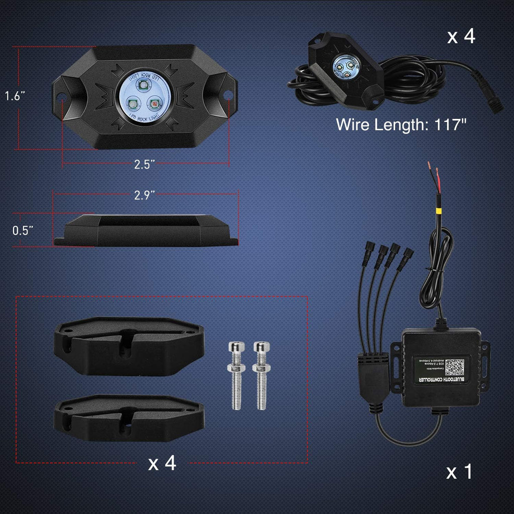 RGB LED Rock Lights Kit, 4 Pod Light with Bluetooth App
