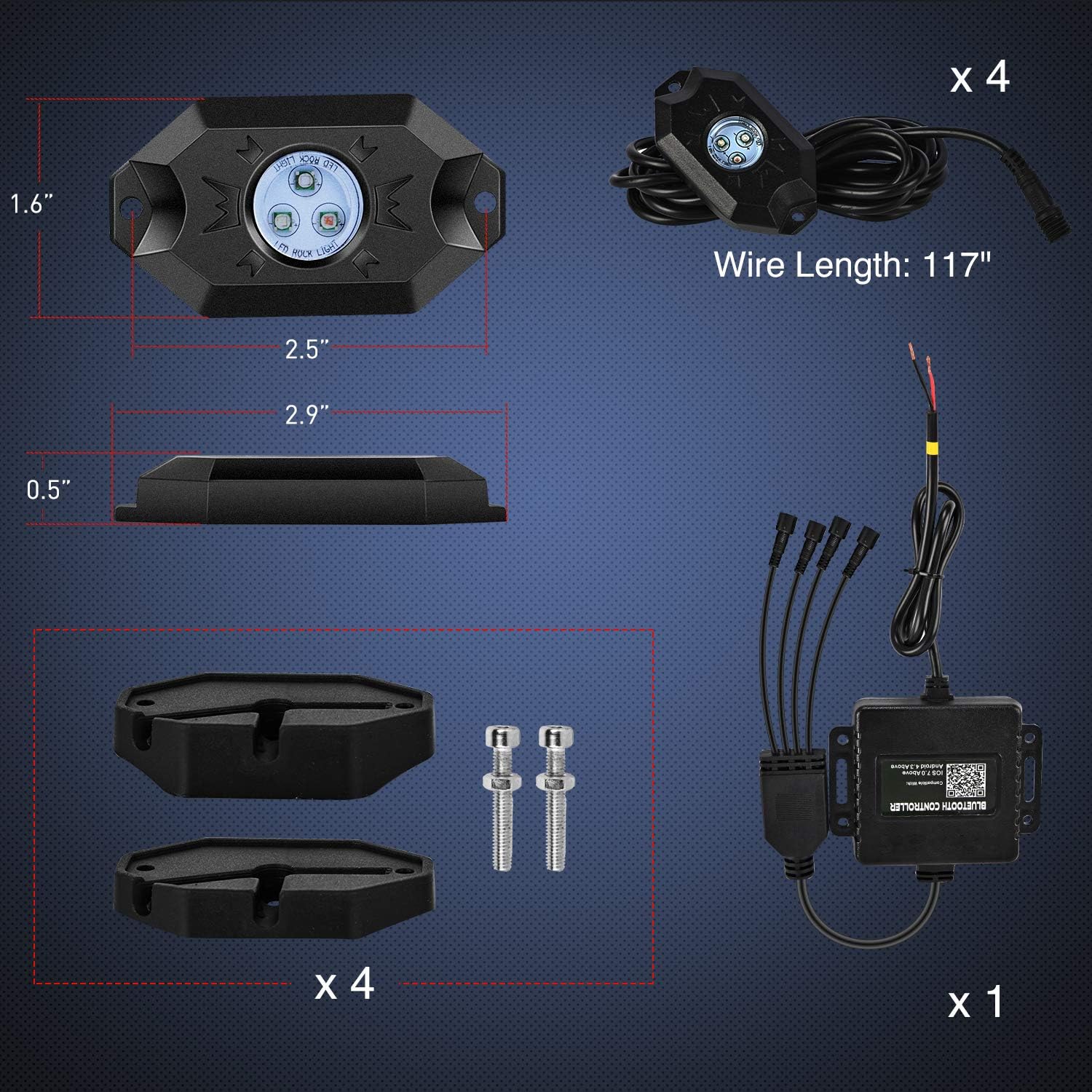 RGB LED Rock Lights Kit, 4 Pod Light with Bluetooth App