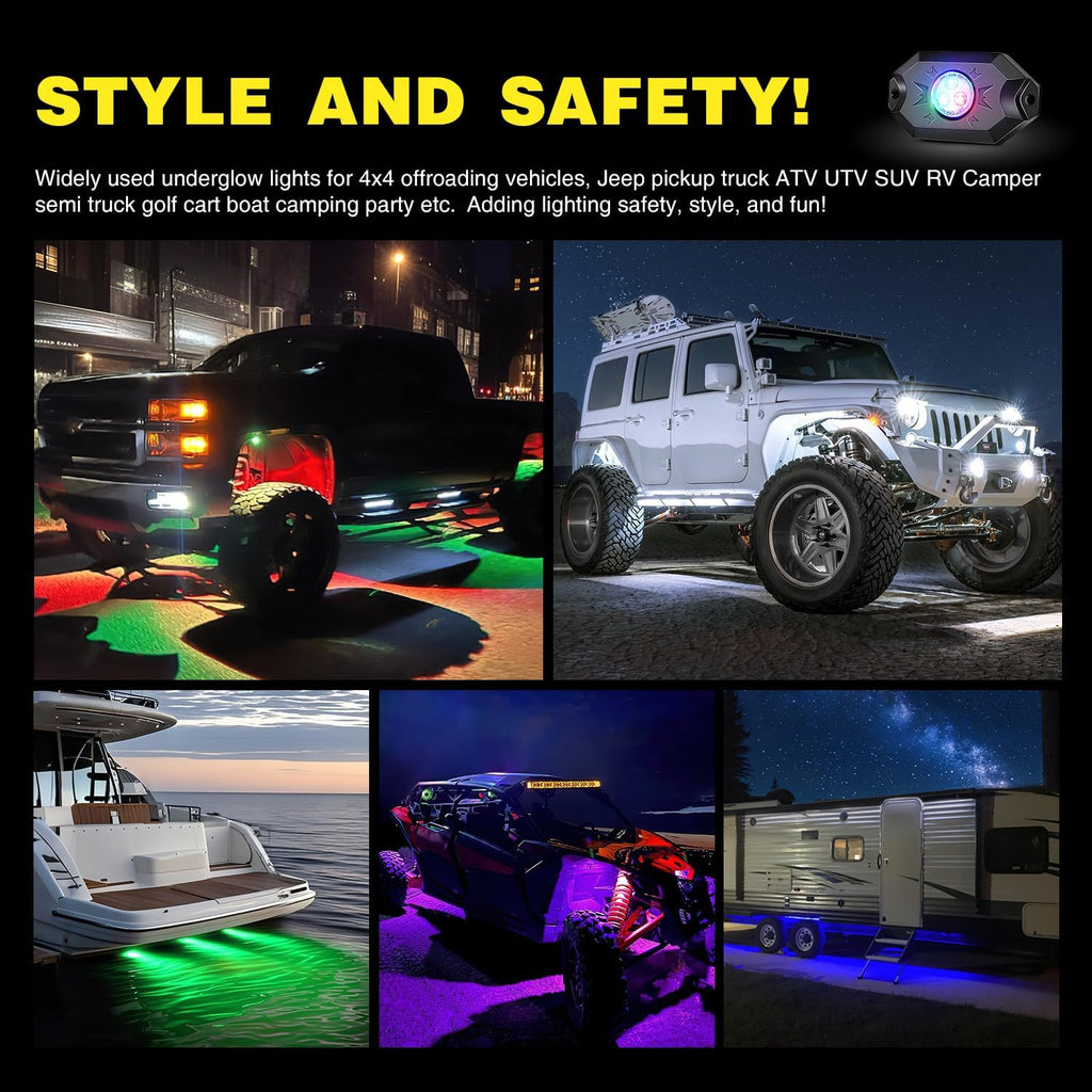 RGB LED Rock Lights Kit, 4 Pod Light with Bluetooth App
