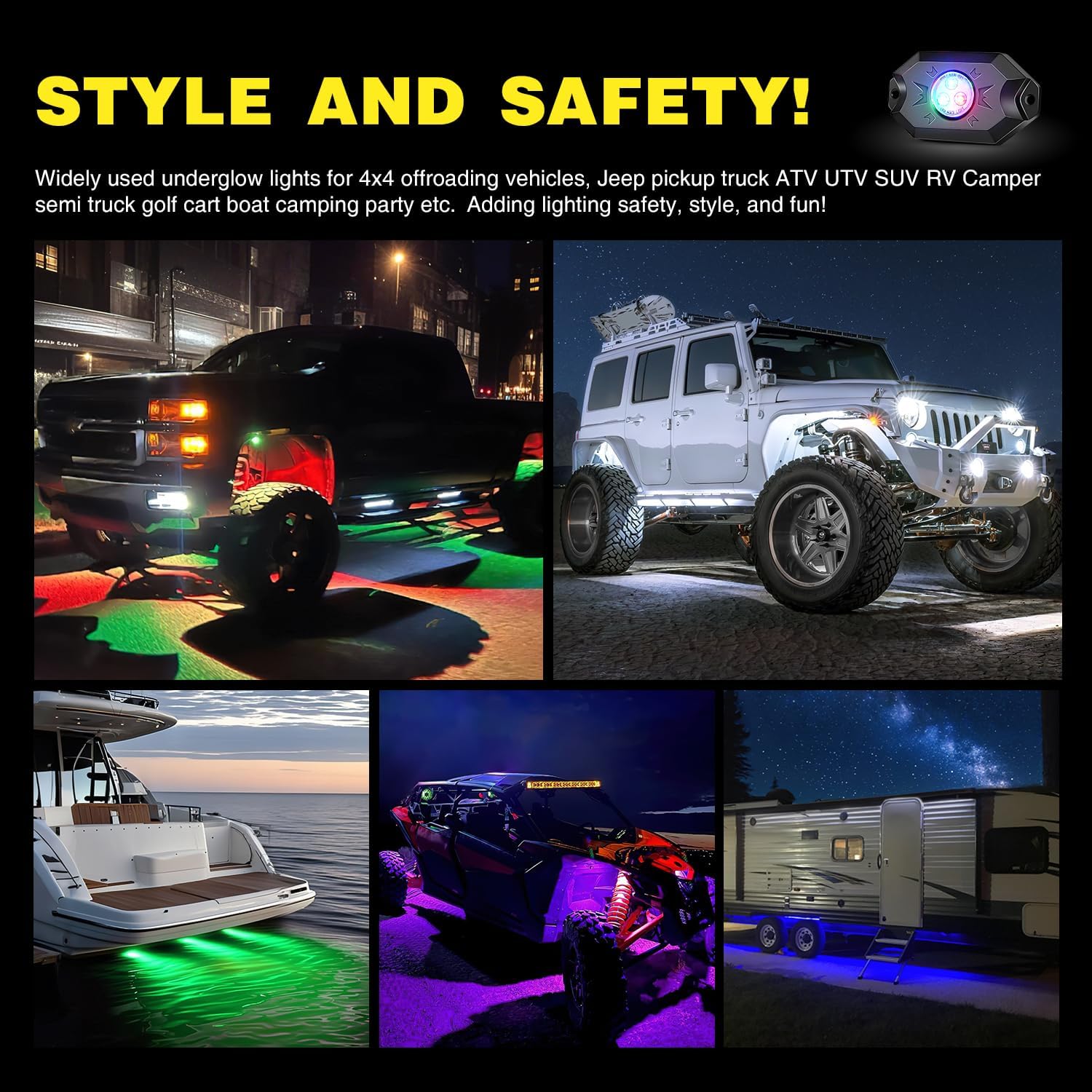RGB LED Rock Lights Kit, 4 Pod Light with Bluetooth App
