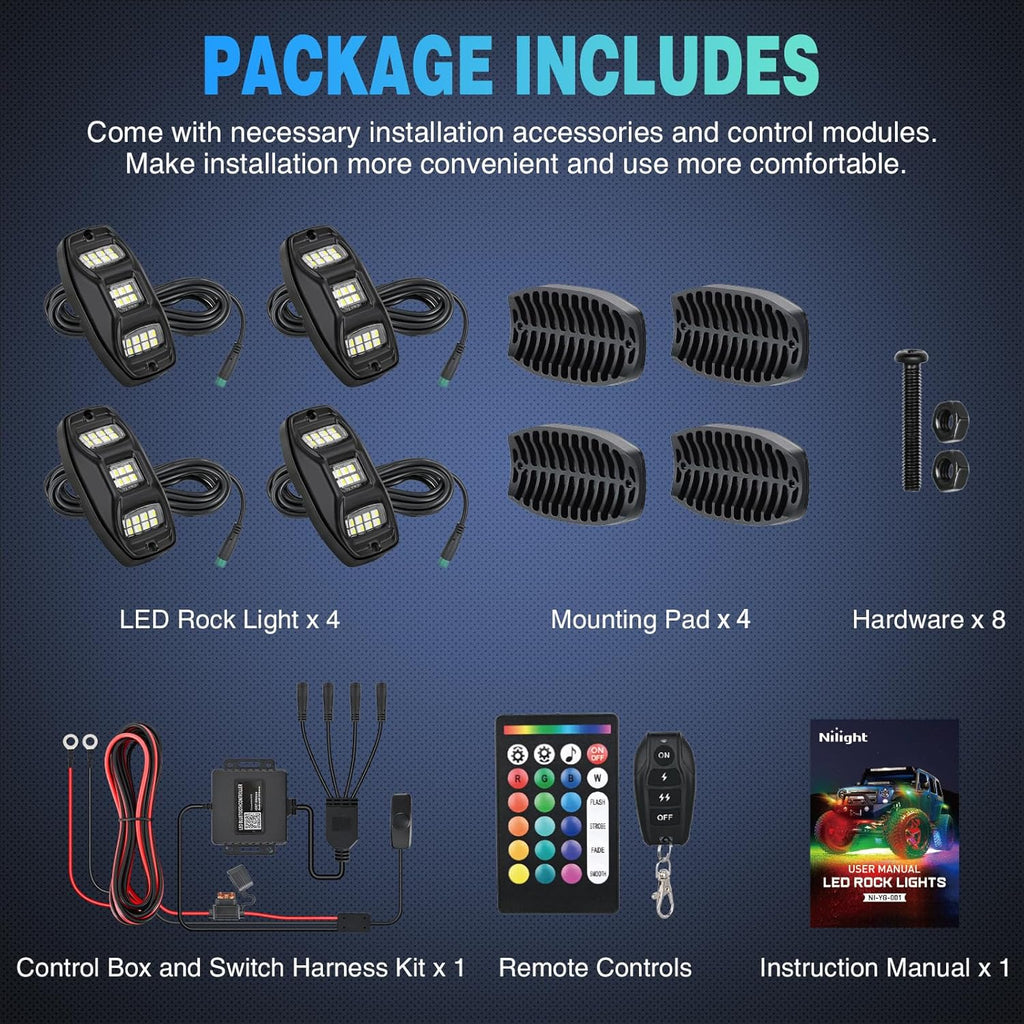 RGBW LED Rock Lights Kit, 4 Pods 22LED Wide Angle Remote & Bluetooth App 