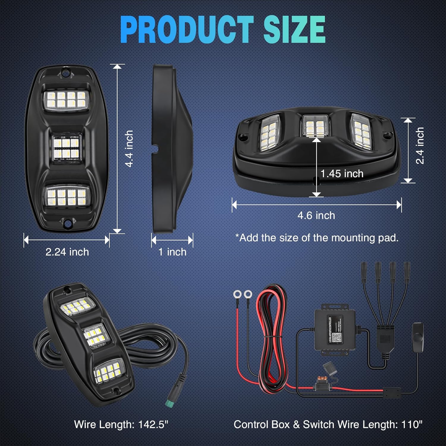 RGBW LED Rock Lights Kit, 4 Pods 22LED Wide Angle Remote & Bluetooth App 