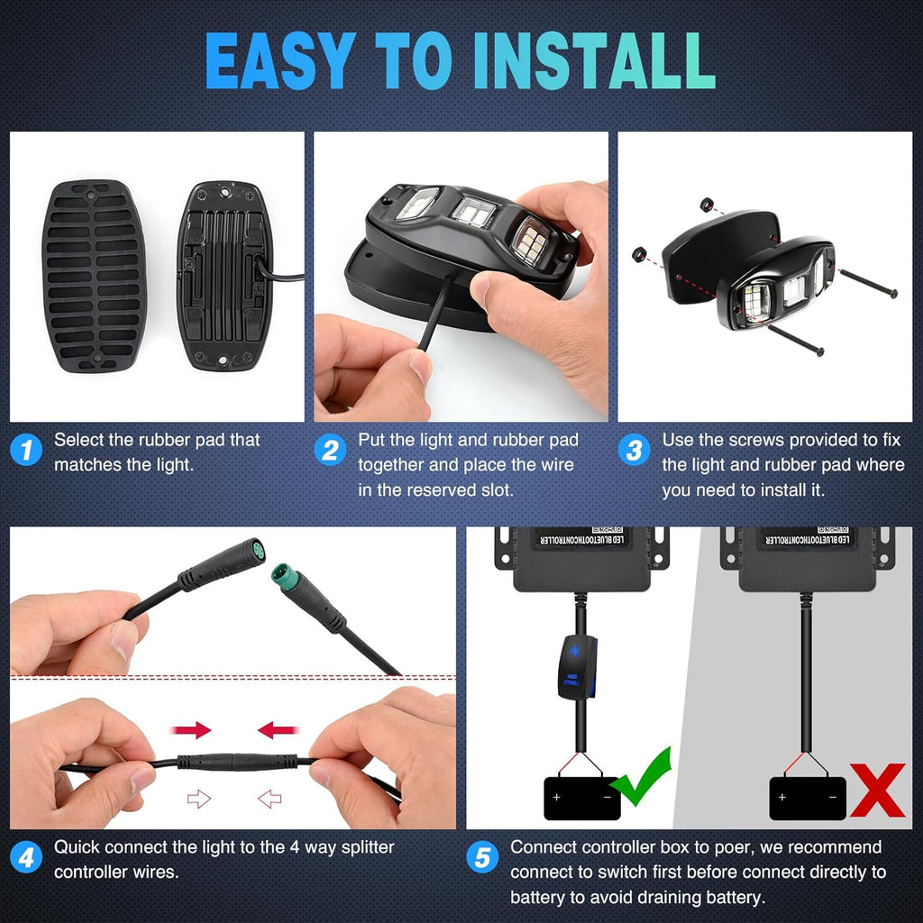 RGBW LED Rock Lights Kit, 4 Pods 22LED Wide Angle Remote & Bluetooth App 