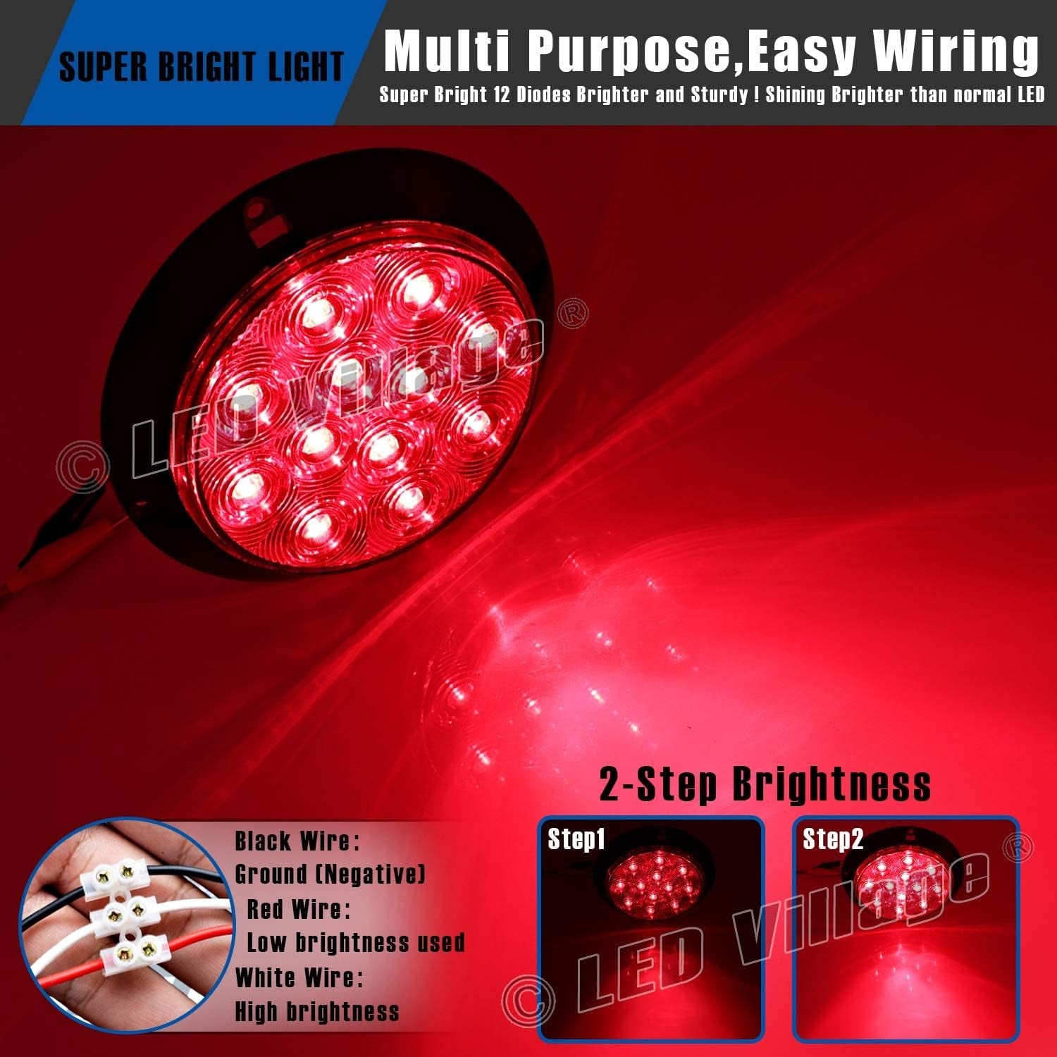 4 Pcs 4 Inch round Smoked Lens Red Bulb 12 LED Stop Brake Tail Lights Utility C
