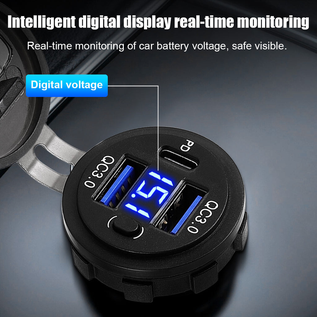 12V-24V PD + QC3.0 Dual USB Car Fast Charger Power Socket Outlet LED Voltmeter