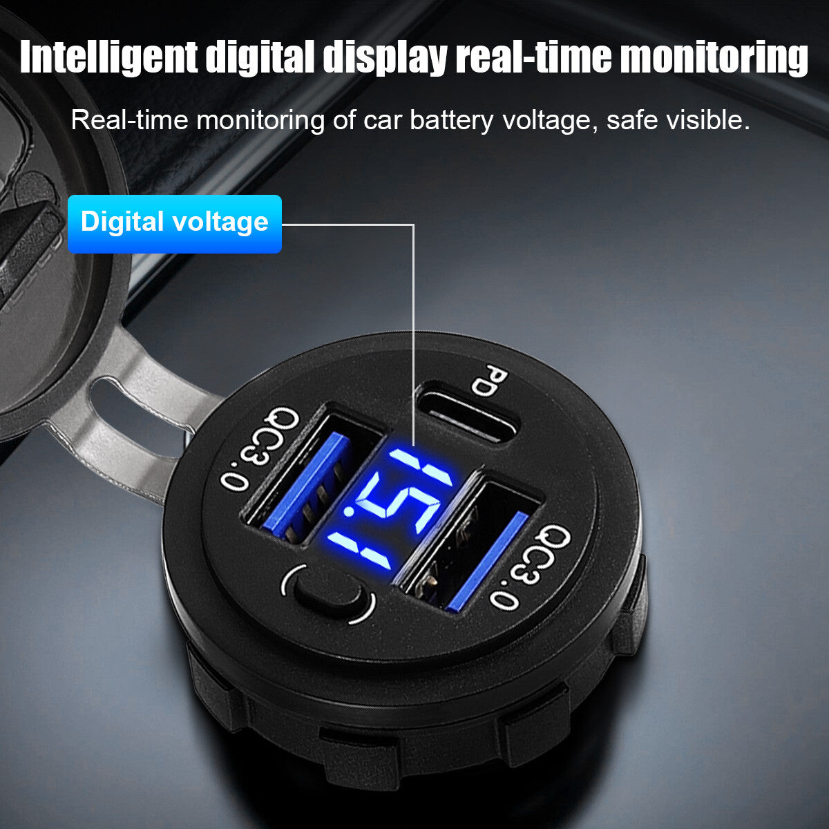 12V-24V PD + QC3.0 Dual USB Car Fast Charger Power Socket Outlet LED Voltmeter