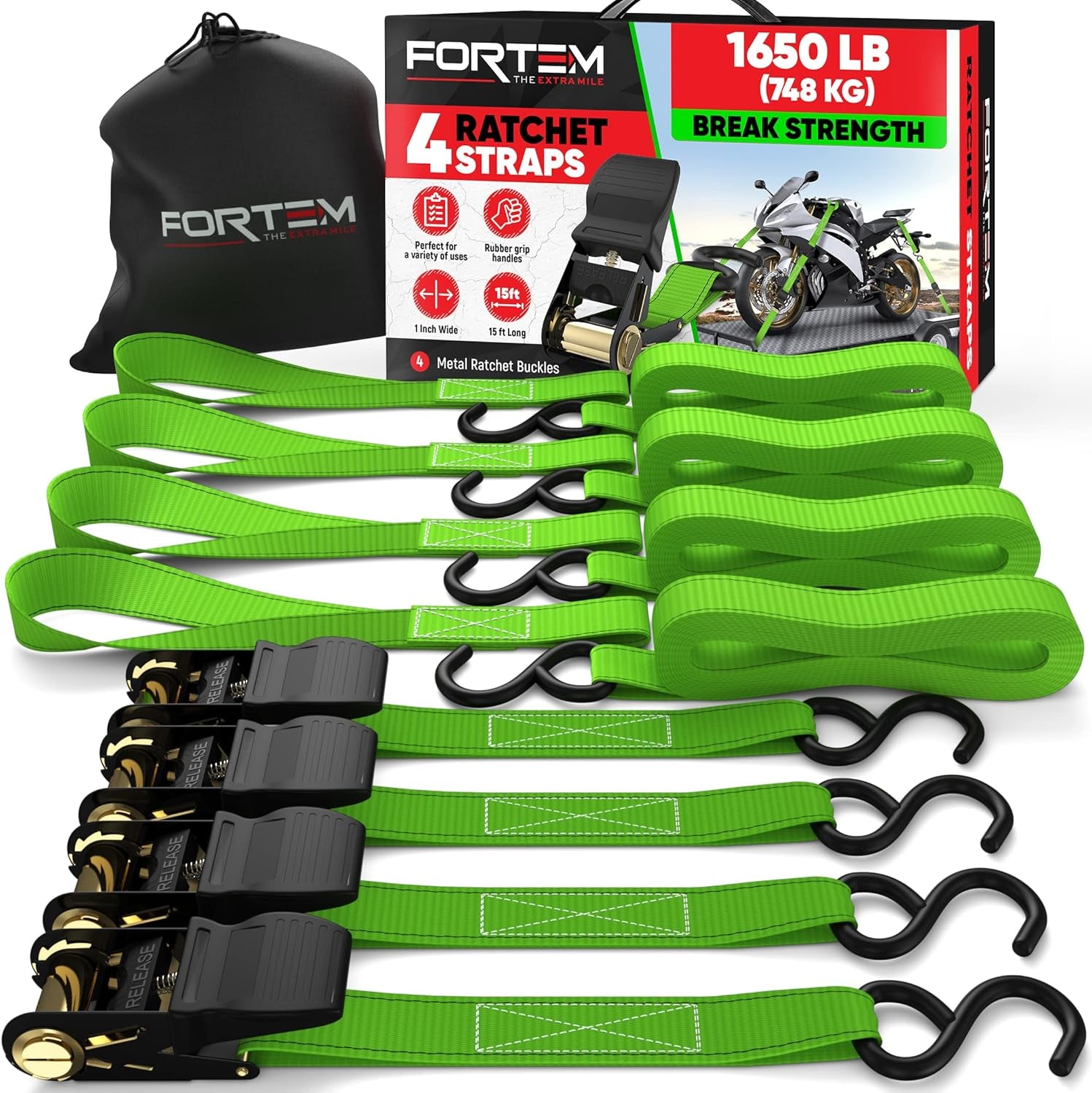 Tie down Strap Set 1650Lb Break Strength, 4 Pack 15Ft X 1In