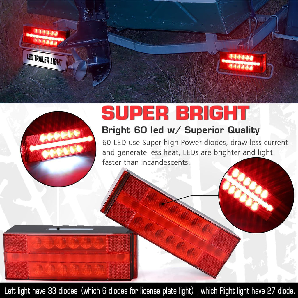 LED Submersible Rectangular Trailer Tail Light Kit, Super Bright Brake Stop Turn