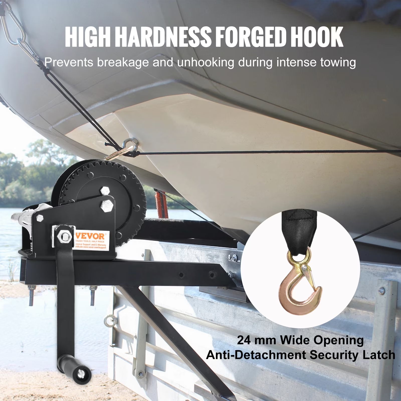 Hand Winch Heavy Duty Hand Crank 2000Lbs 23Ft Polyester Strap for Boat/Atv