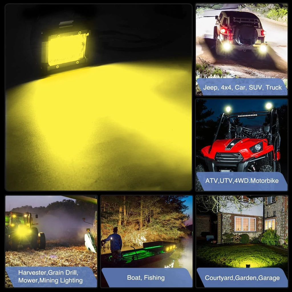 2Pcs 4Inch Yellow Led Pods Triple Row 60W Flood Spot Combo with harness