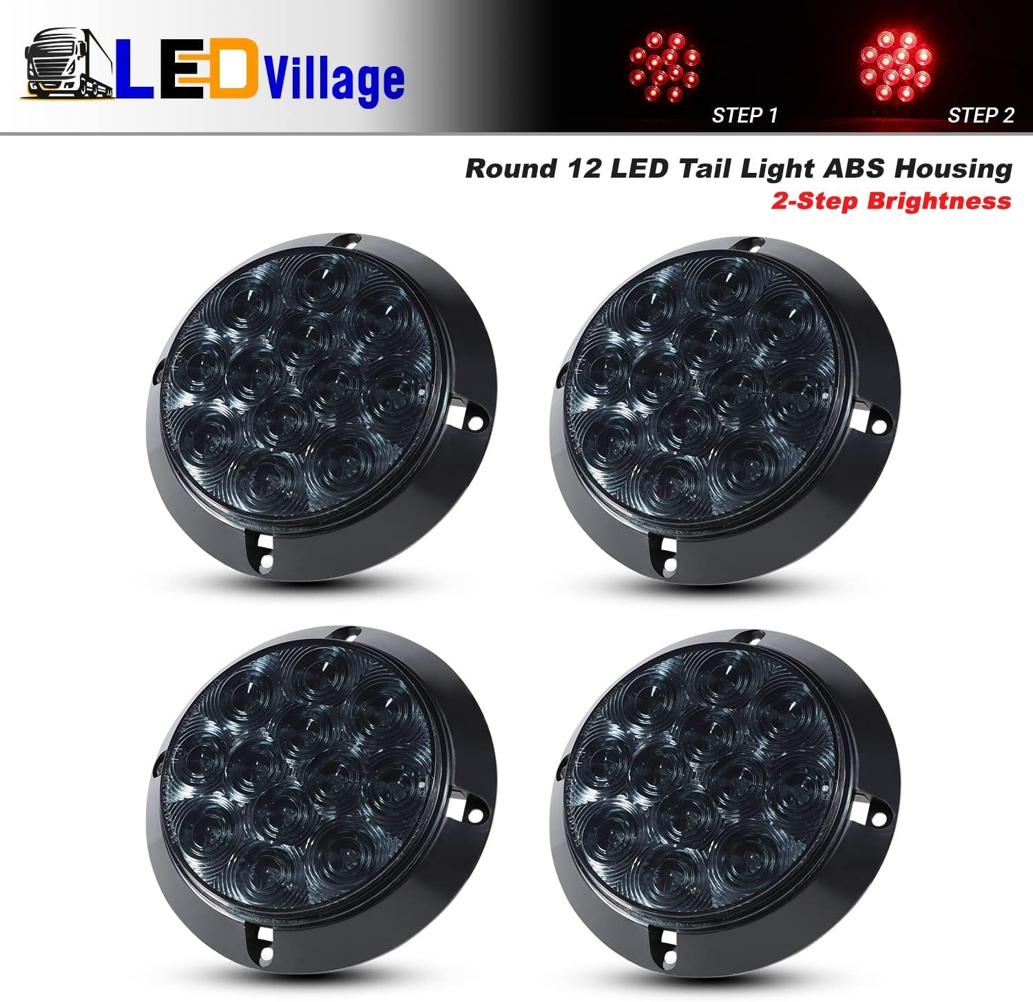 4 Pcs 4 Inch round Smoked Lens Red Bulb 12 LED Stop Brake Tail Lights Utility C