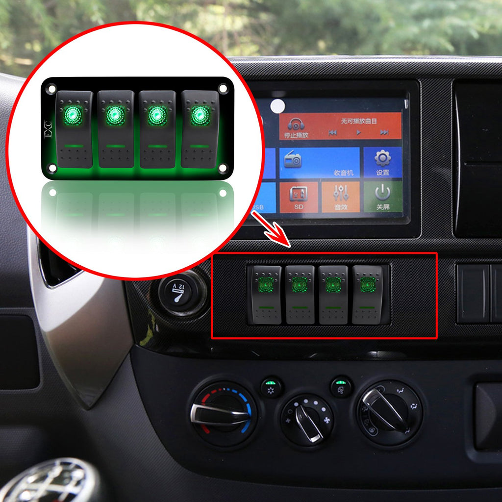Rocker Switch Aluminum Panel 4 Gang Toggle Switches Dash 5 Pin On/Off 2 LED Backlit Green