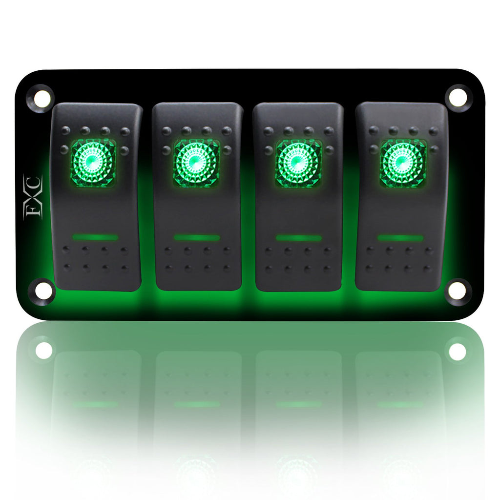 Rocker Switch Aluminum Panel 4 Gang Toggle Switches Dash 5 Pin On/Off 2 LED Backlit Green