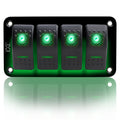 Rocker Switch Aluminum Panel 4 Gang Toggle Switches Dash 5 Pin On/Off 2 LED Backlit Green