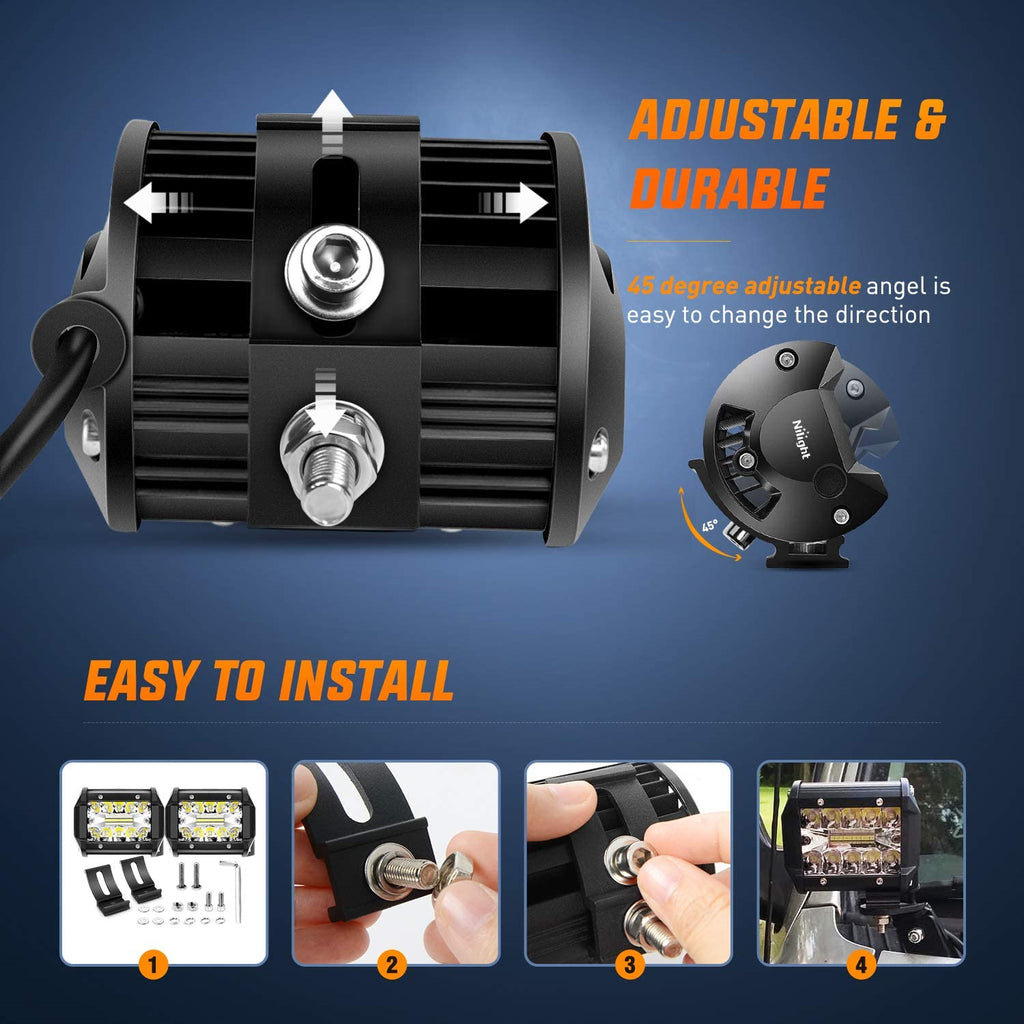Nilight LED Light Bar 2PCS 60W 4 Inch Flood Spot Combo LED Work Light Pods Row -