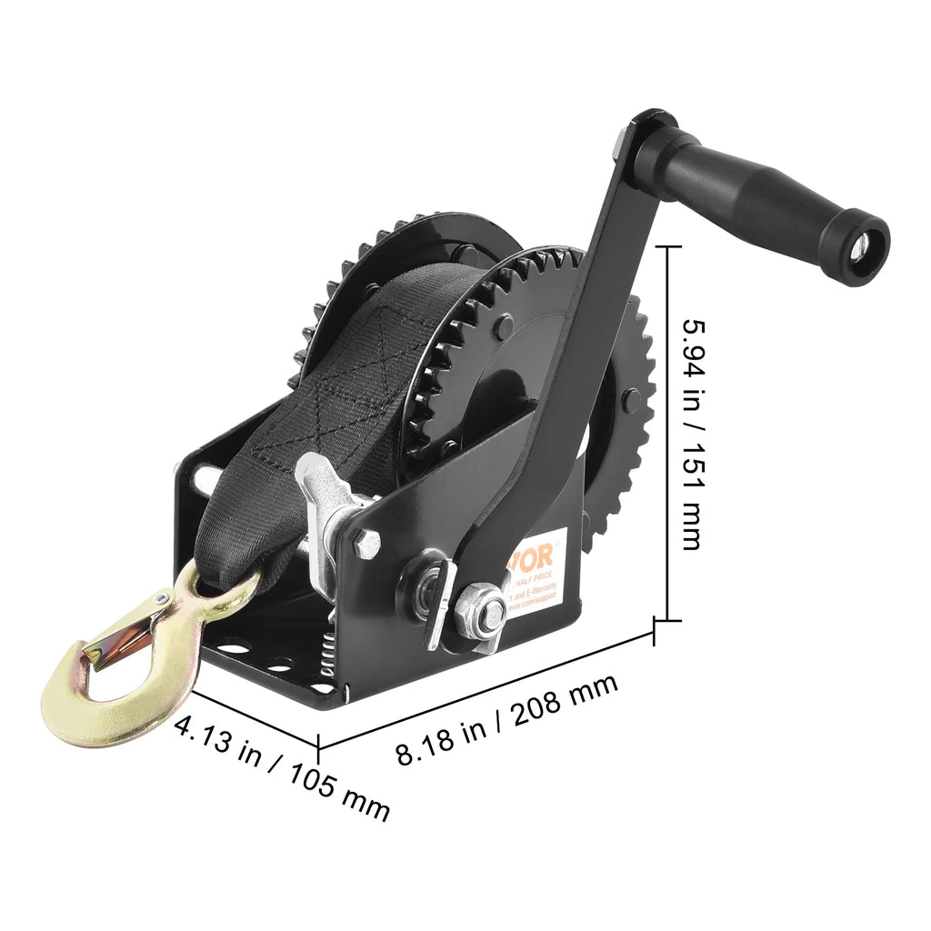 Hand Winch Heavy Duty Hand Crank 2000Lbs 23Ft Polyester Strap for Boat/Atv