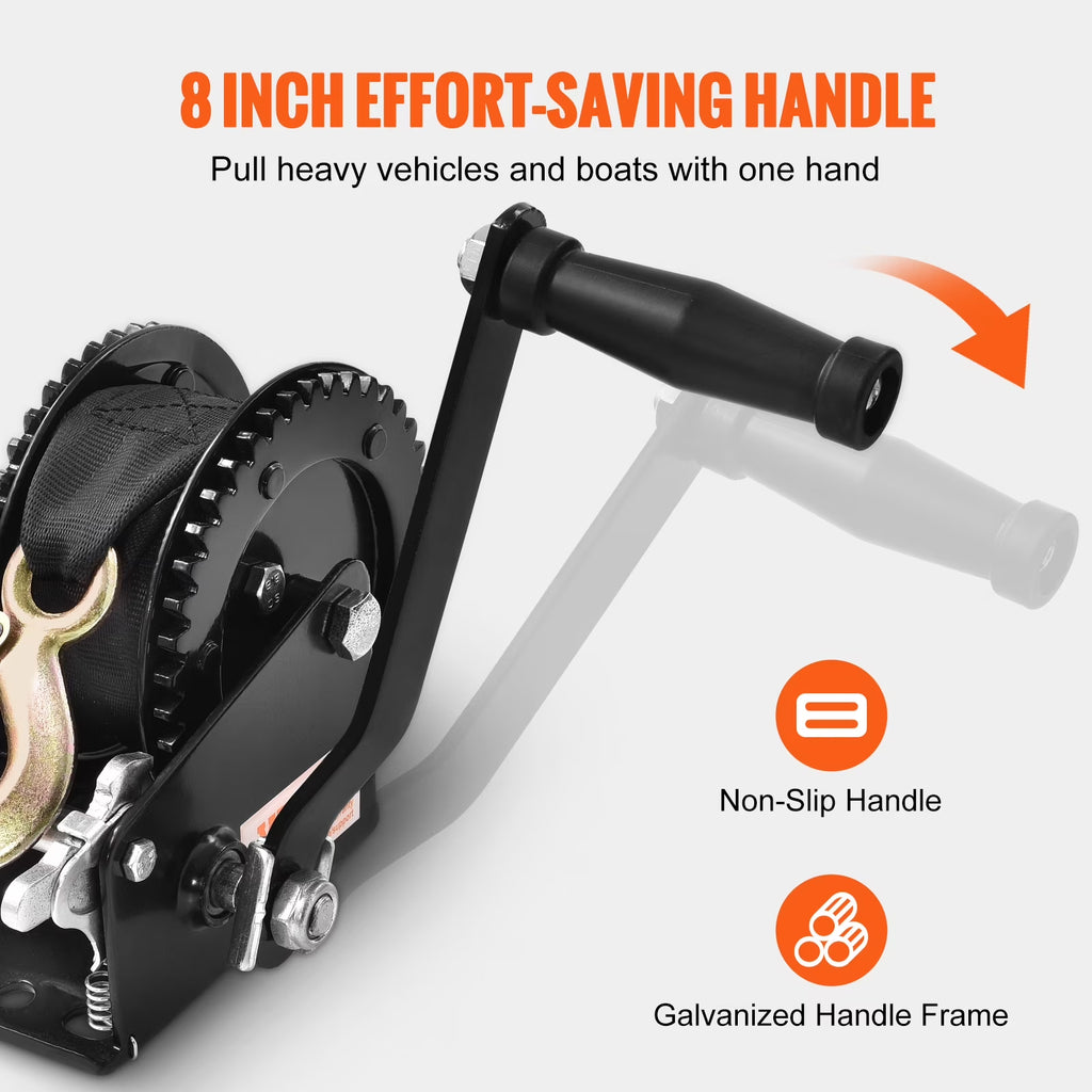 Hand Winch Heavy Duty Hand Crank 2000Lbs 23Ft Polyester Strap for Boat/Atv