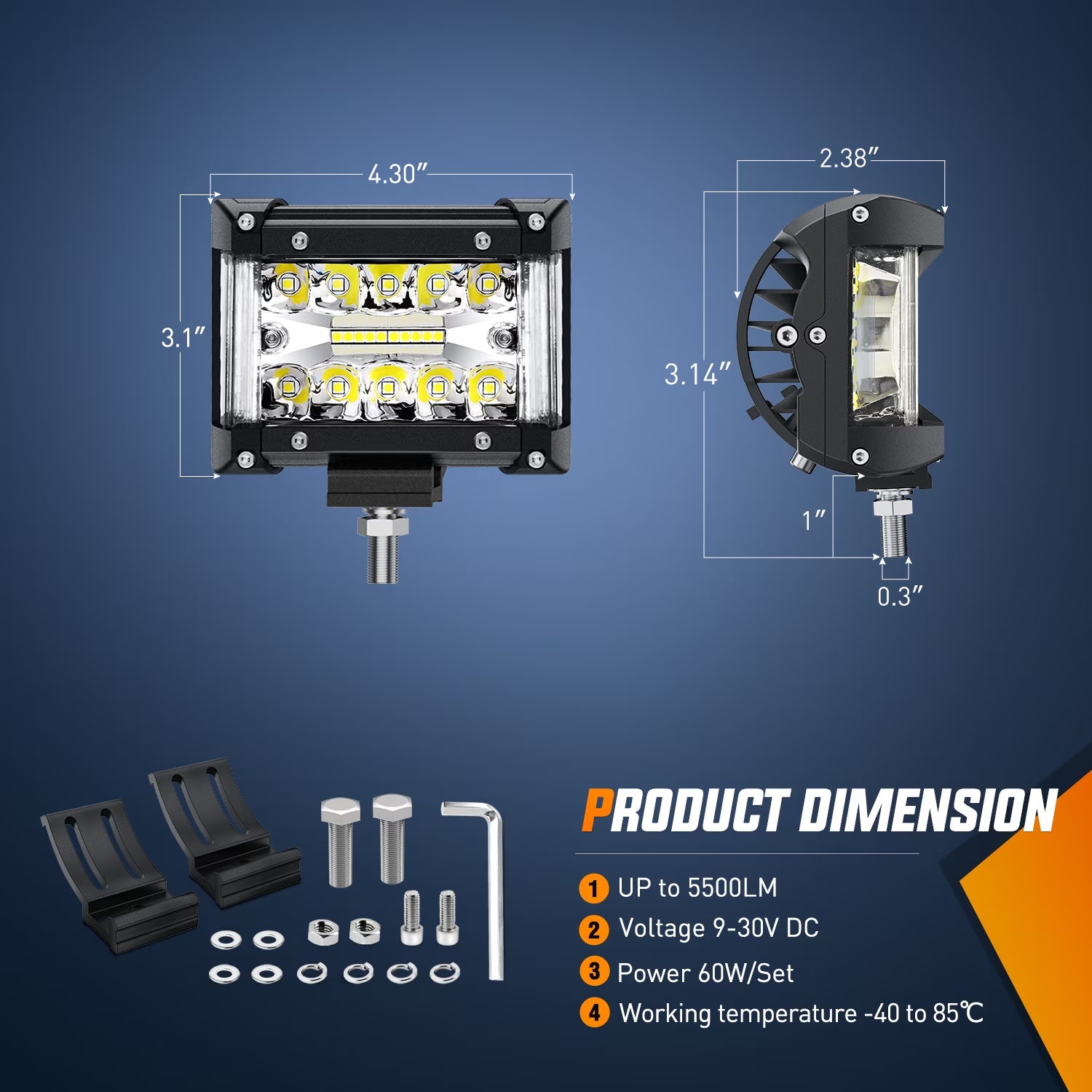 Side Shooter LED Light Bar 2PCS 4.3Inch Triple Row Spot Flood Combo Lights Led Work Light with Wiring Harness Kit