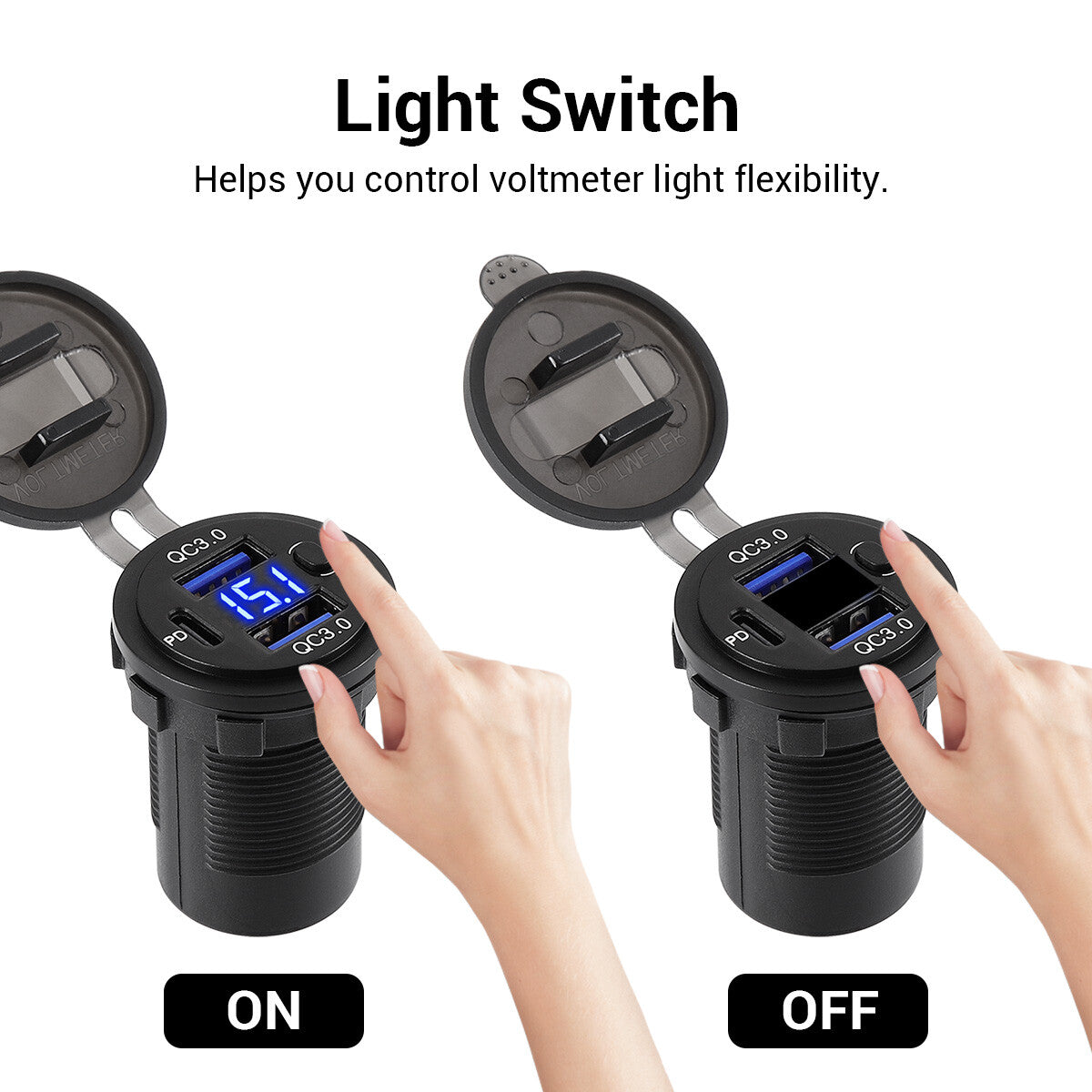 12V-24V PD + QC3.0 Dual USB Car Fast Charger Power Socket Outlet LED Voltmeter