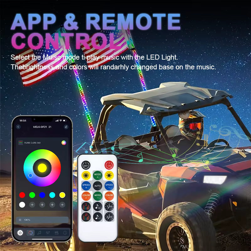 Super Bright 2ft 2PC Quick Release Base 360 Spiral Rgb Chasing Led Whip Antenna