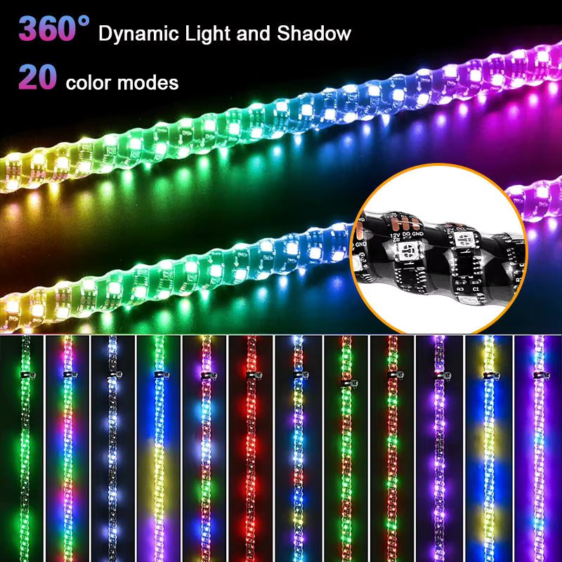 Super Bright 2ft 2PC Quick Release Base 360 Spiral Rgb Chasing Led Whip Antenna